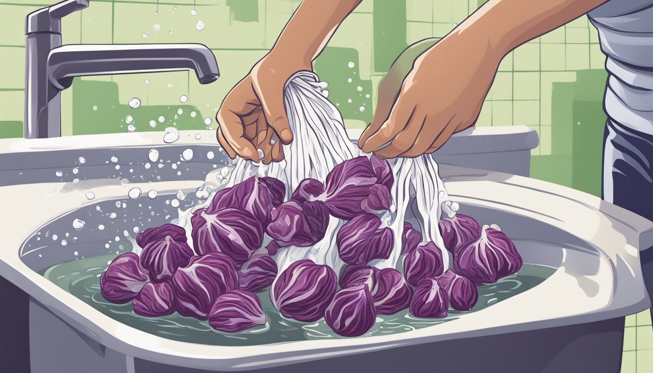 A person washing radicchio under running water