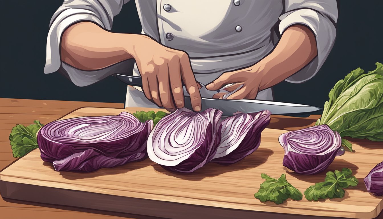 A chef washing and slicing radicchio on a cutting board