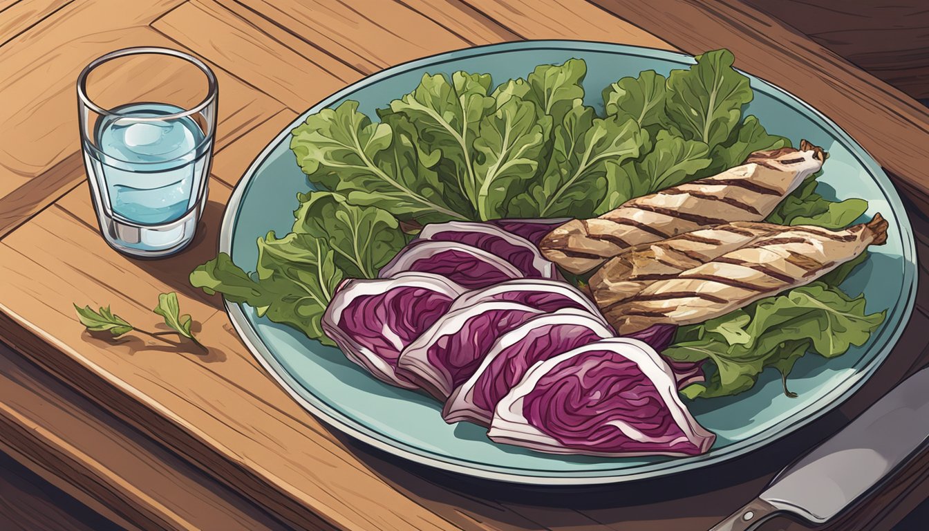 A bowl of mixed greens, including raw radicchio, sits on a wooden table next to a plate of grilled chicken and a glass of water