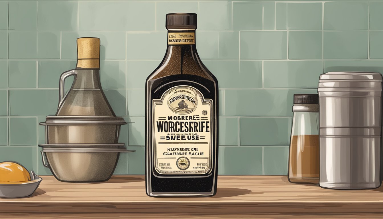 A bottle of expired Worcestershire sauce sitting on a kitchen shelf, with a faded label and a layer of dust on top