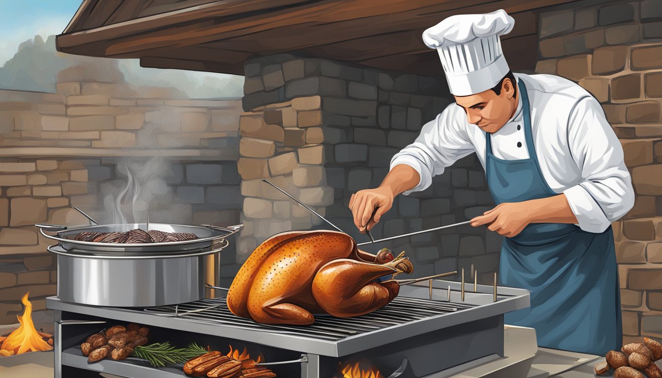 A partridge roasting on a spit over an open fire, with the chef checking its doneness using a meat thermometer