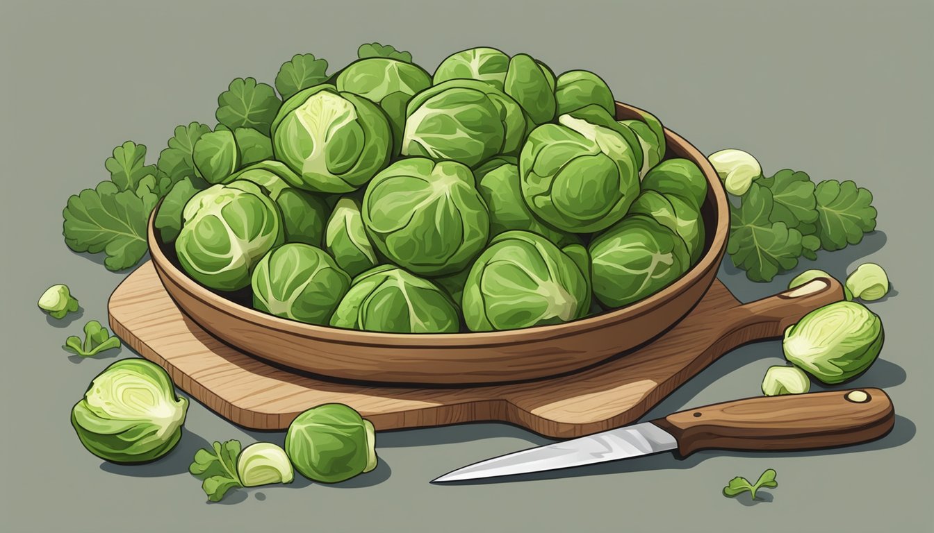 A bowl of raw brussels sprouts surrounded by fresh vegetables and a knife on a cutting board