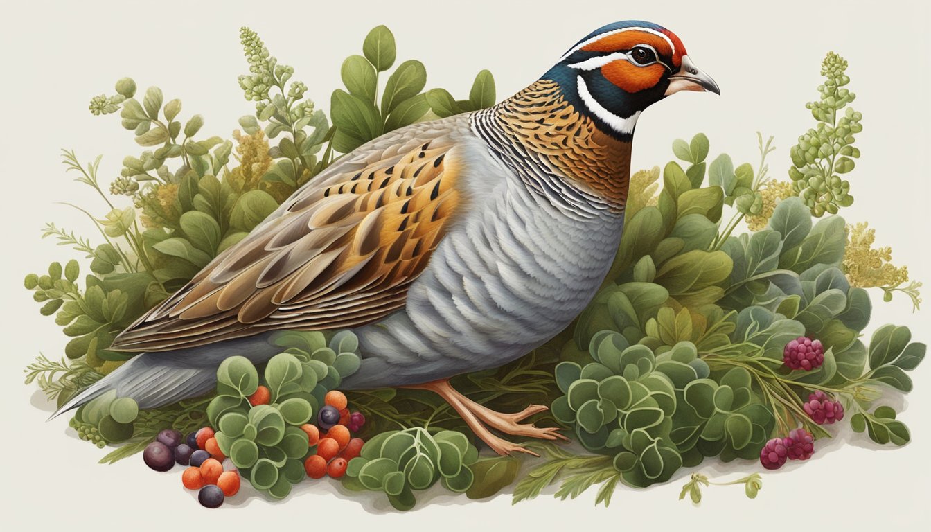 A partridge resting on a bed of wild herbs and berries, with a golden brown crust, steam rising from its succulent meat