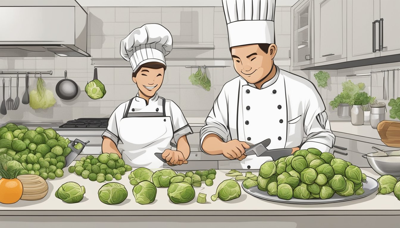 A chef slicing raw brussels sprouts, surrounded by various cooking utensils and ingredients