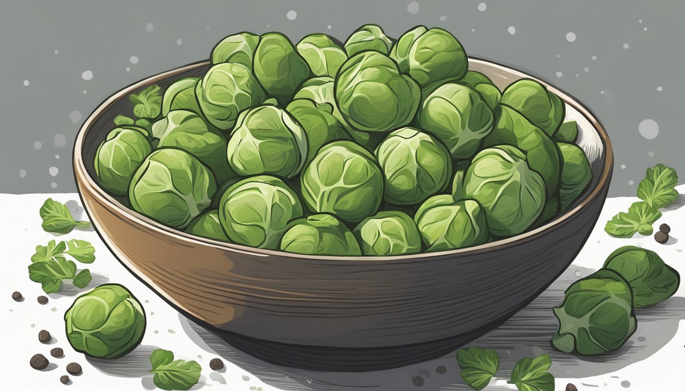 A bowl of raw brussels sprouts surrounded by fresh herbs and spices. A question mark hovers above the sprouts, indicating uncertainty