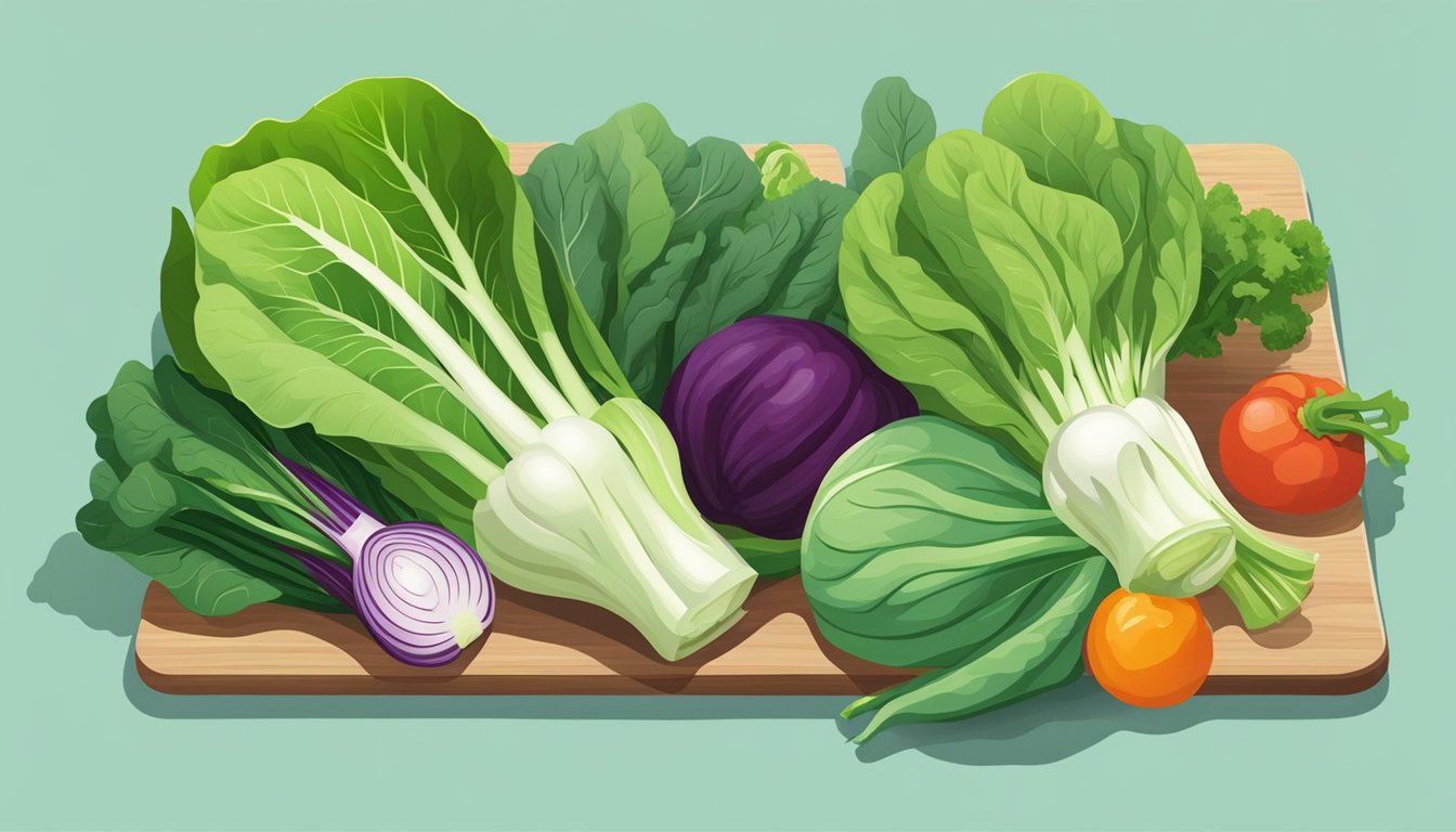 A vibrant bunch of fresh bok choy, surrounded by other colorful vegetables, on a clean cutting board