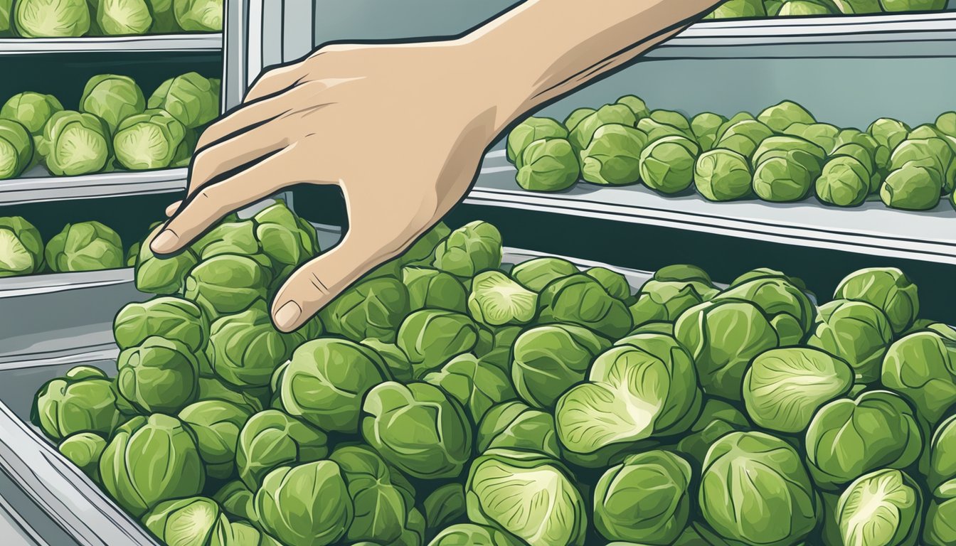 A hand reaching for a fresh bunch of Brussels sprouts at a grocery store, with a refrigerator in the background for storing them