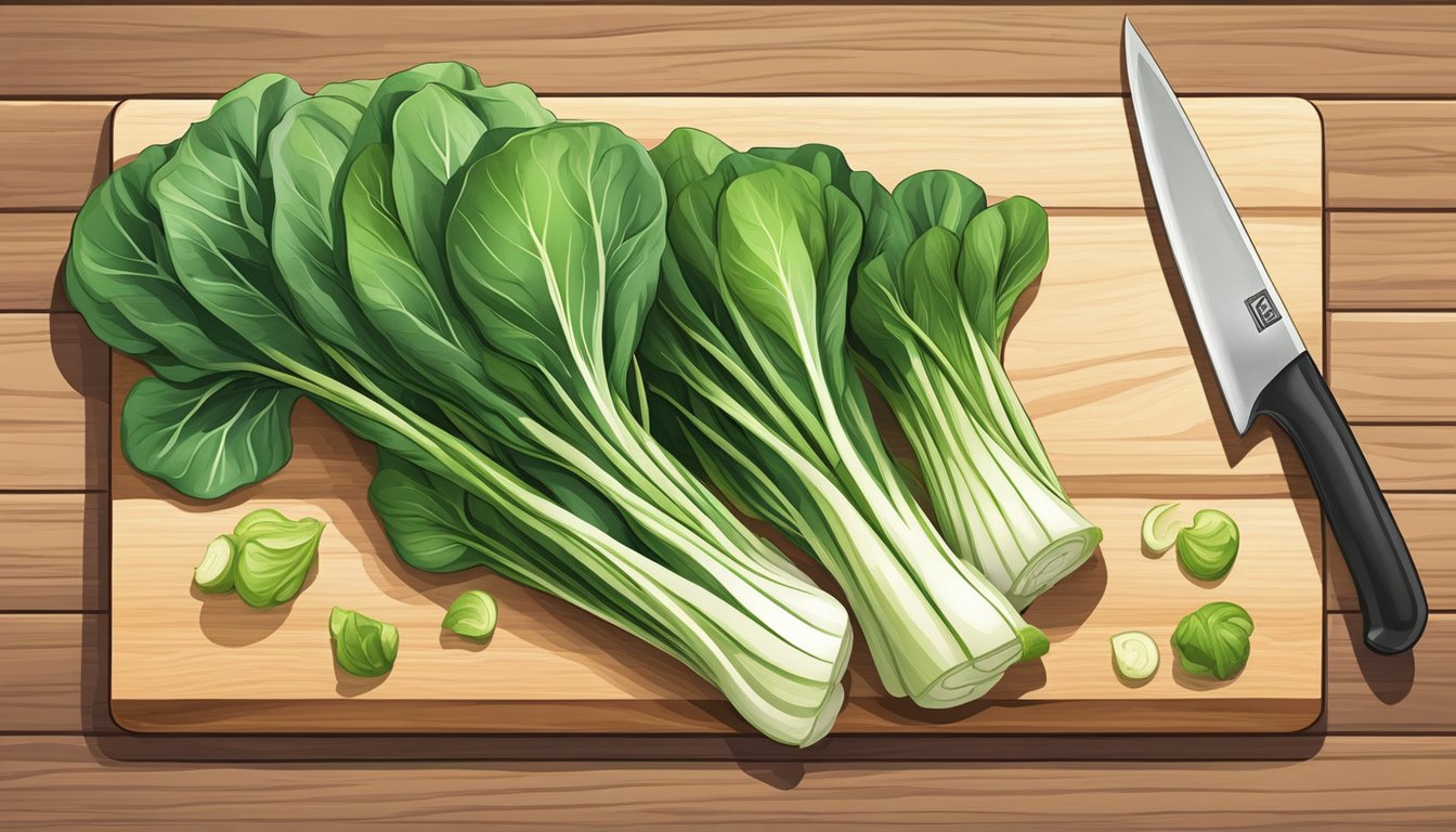 A colorful array of fresh bok choy leaves and stems, arranged on a wooden cutting board with a knife beside it