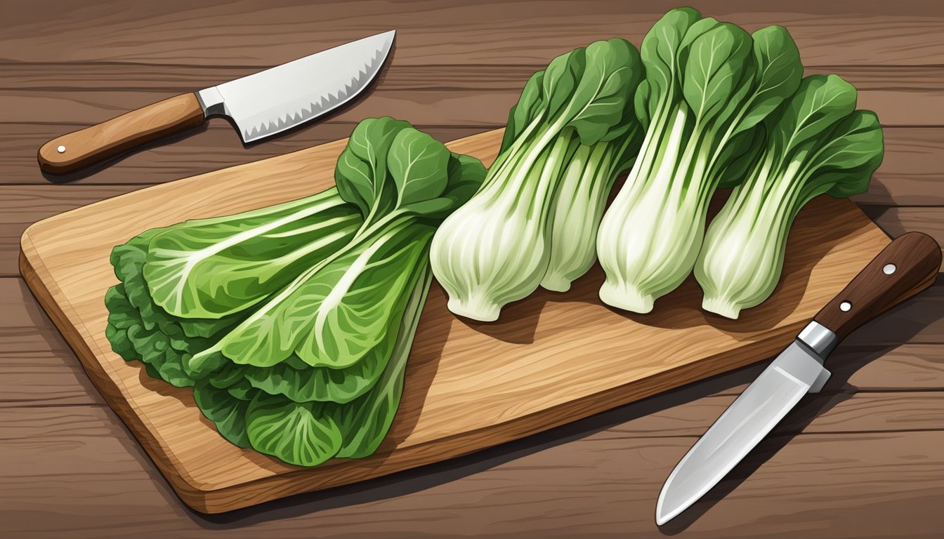 A colorful array of fresh bok choy arranged on a wooden cutting board, with a chef's knife beside it