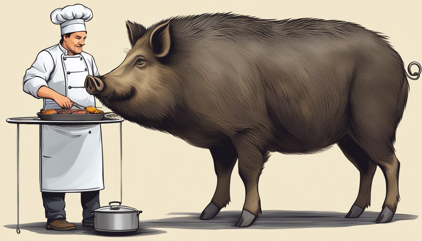 A wild boar being cooked on a grill, with a chef using a meat thermometer to check the internal temperature