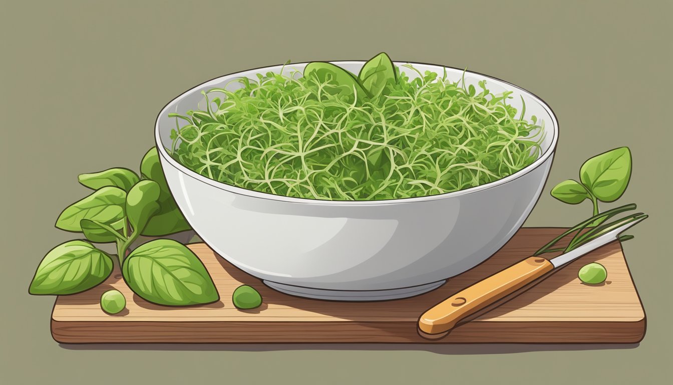 A bowl of fresh sunflower sprouts sitting on a wooden cutting board, surrounded by other raw sprouts and vibrant green leaves