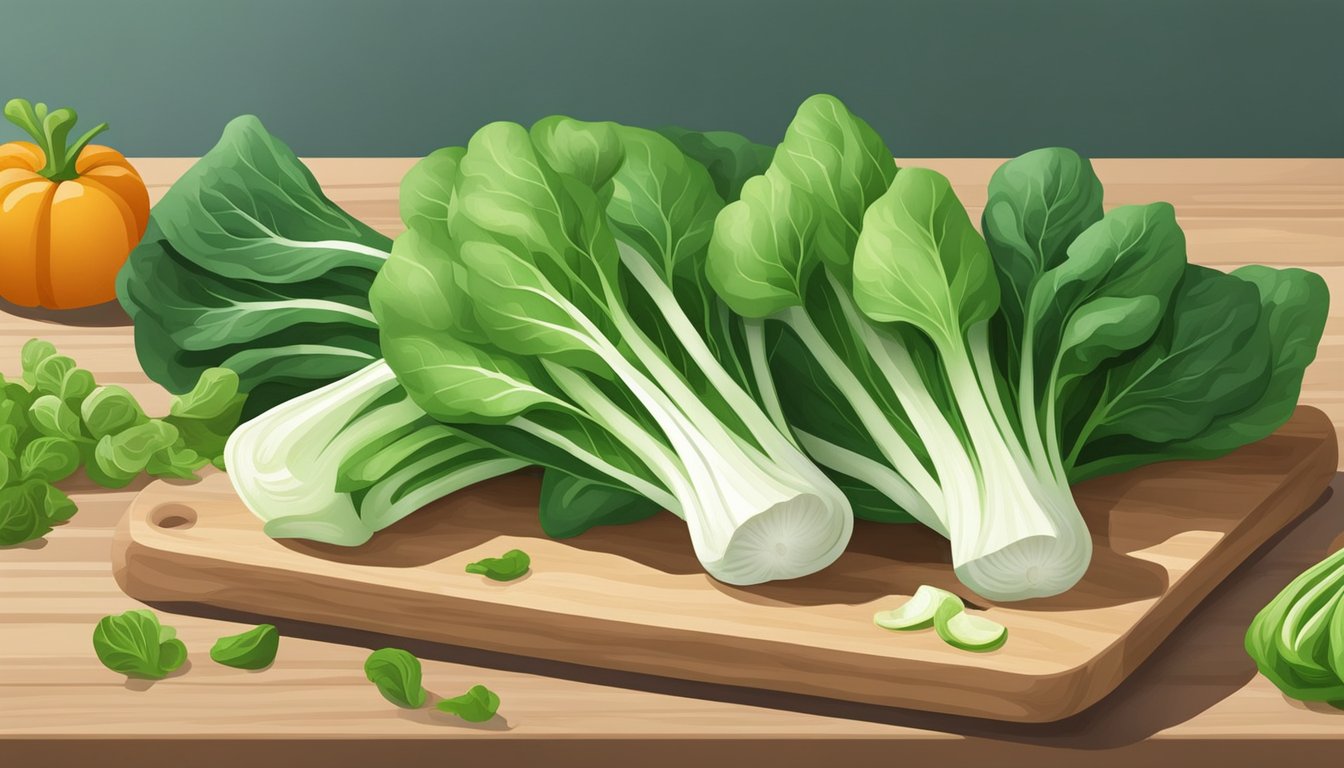 A vibrant bunch of raw bok choy sits on a clean cutting board, surrounded by fresh vegetables and a sharp knife