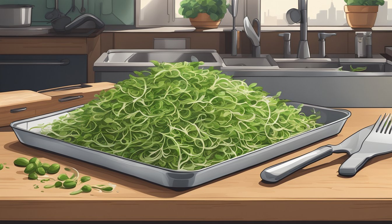 A pile of raw sunflower sprouts sits on a cutting board, surrounded by a contaminated kitchen counter and dirty utensils