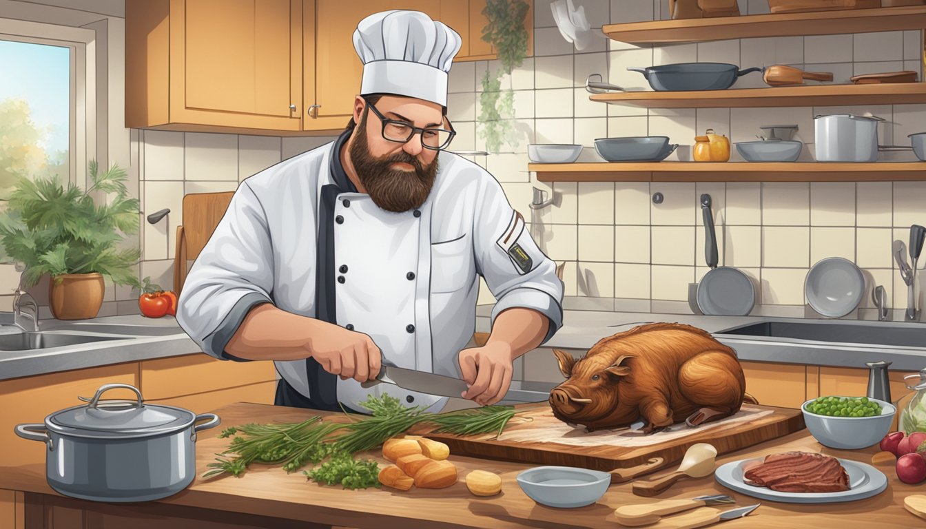 A chef examining a partially cooked boar on a cutting board, surrounded by a kitchen with various cooking utensils and ingredients