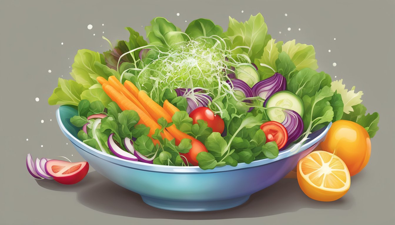 A vibrant salad bowl filled with an assortment of fresh vegetables, including raw sunflower sprouts, glistening with a light drizzle of vinaigrette