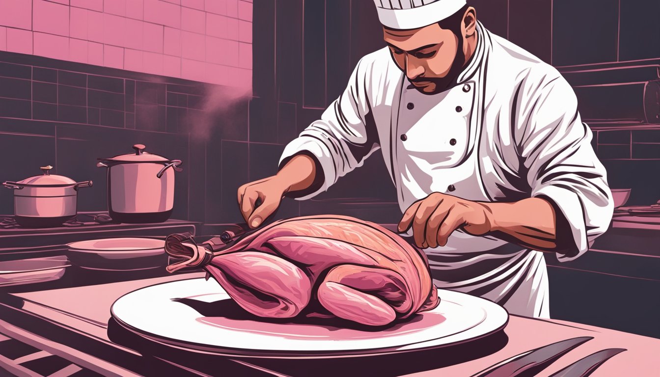 A chef slicing into a roasted squab to reveal its tender pink meat