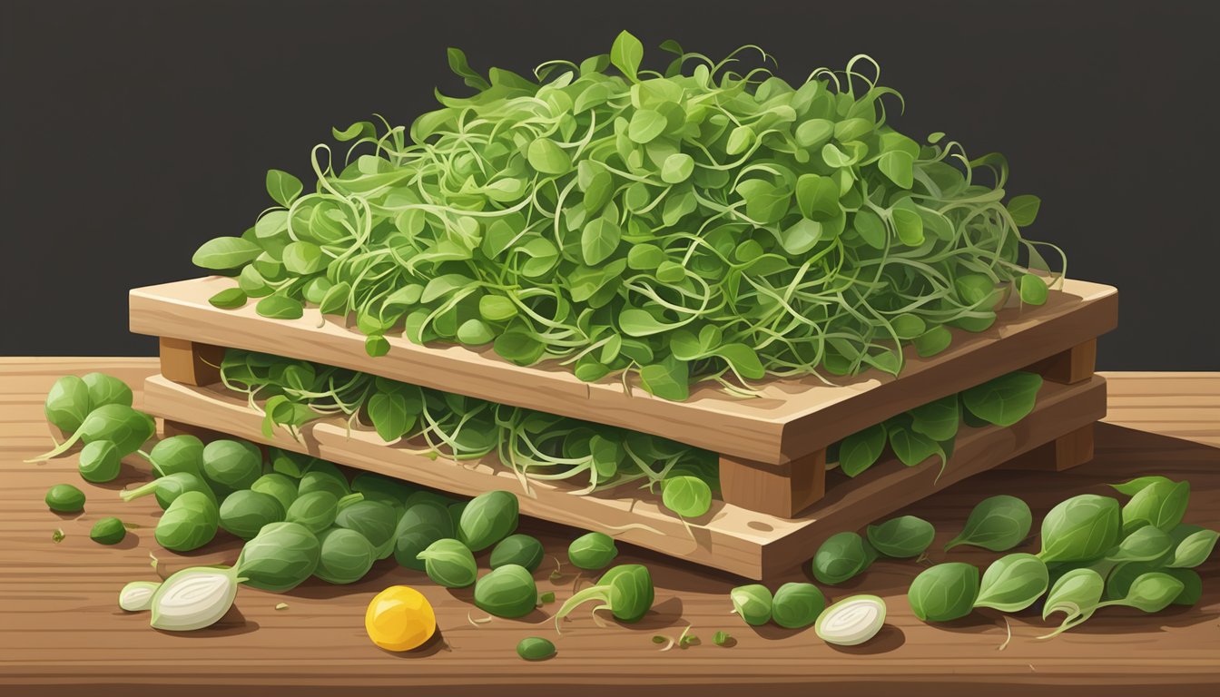 A pile of fresh sunflower sprouts on a wooden cutting board, surrounded by other varieties of sprouts, with their unique qualities labeled on small signs