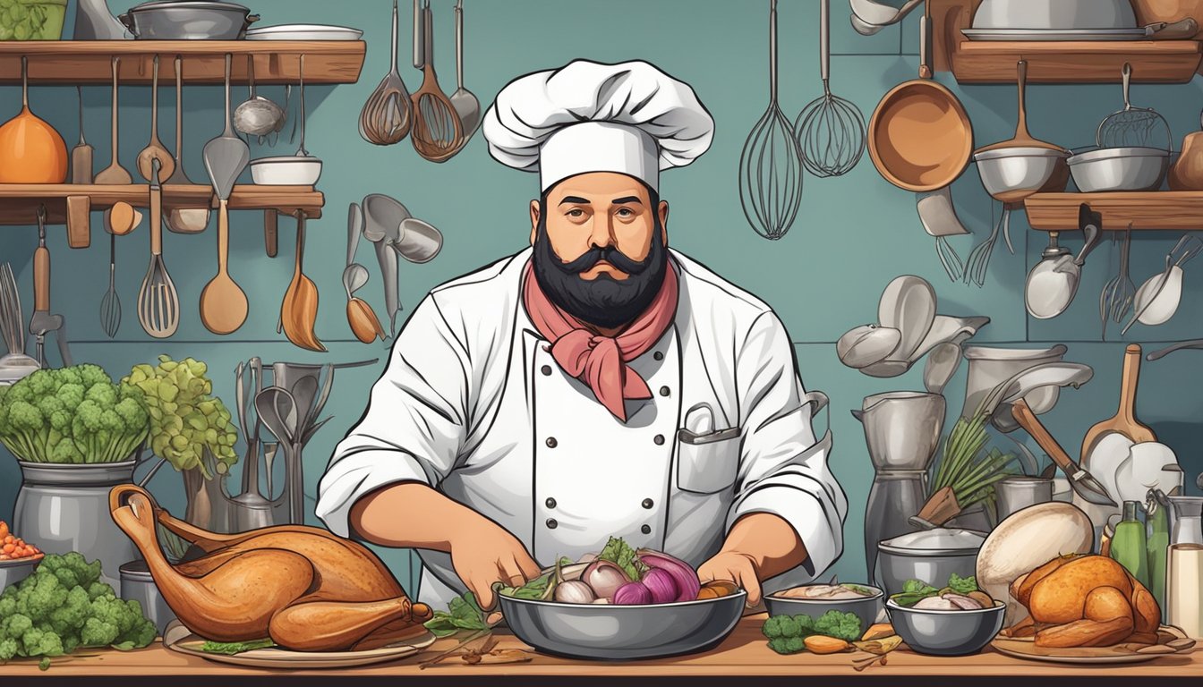 A chef holding a squab with a concerned expression, surrounded by various cooking utensils and ingredients