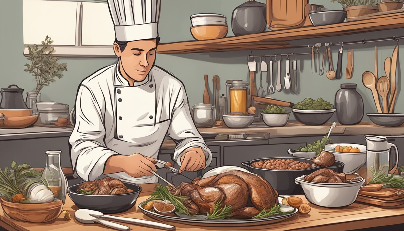 A chef checking the internal temperature of a squab with a meat thermometer, surrounded by various cooking utensils and ingredients