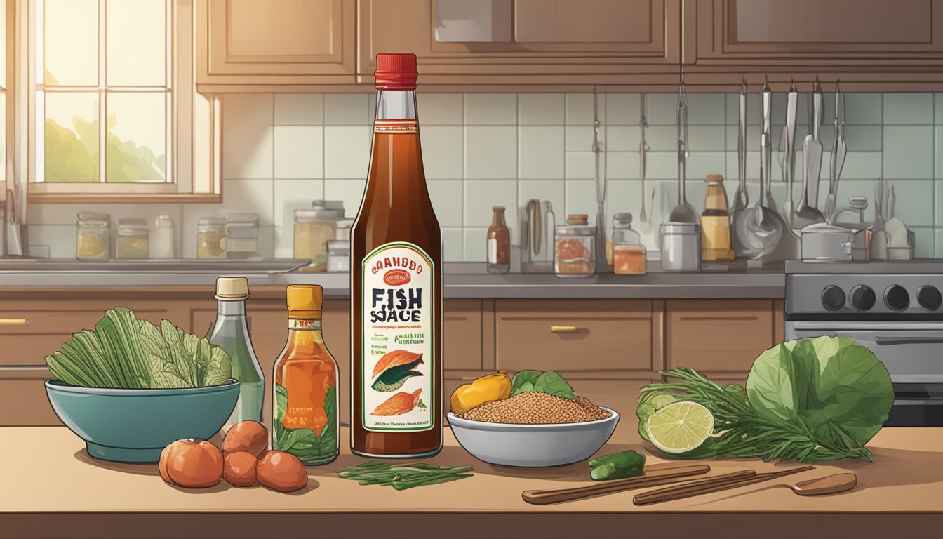 A bottle of fish sauce sits on a kitchen counter, surrounded by various ingredients and cooking utensils. The label on the bottle indicates that it has expired