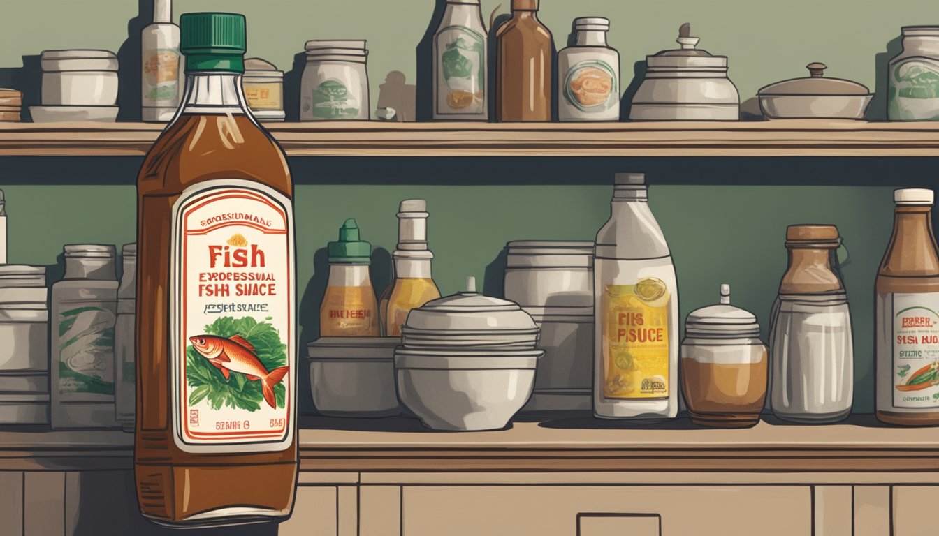 A bottle of expired fish sauce sits on a kitchen shelf next to other condiments. The label is faded and the liquid inside appears murky