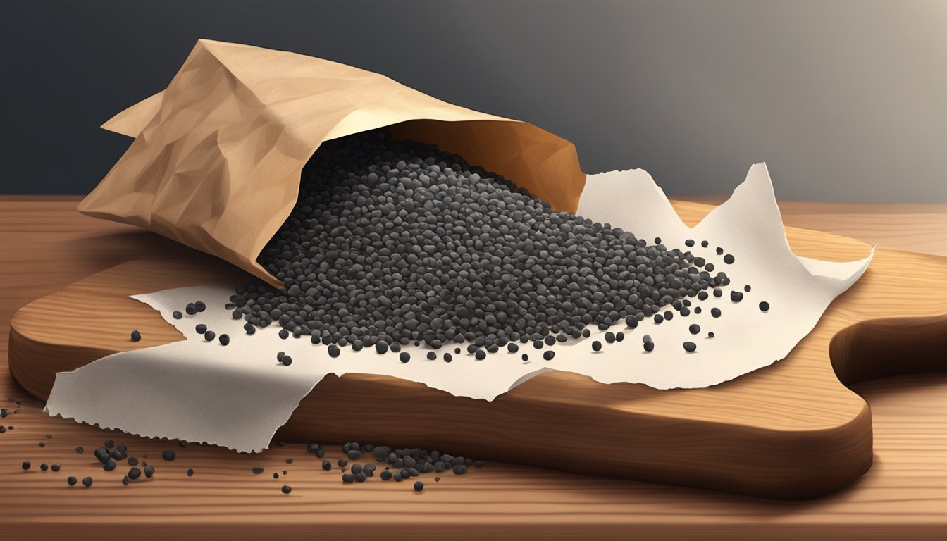 A small pile of raw poppy seeds spilling out from a torn paper bag onto a wooden cutting board