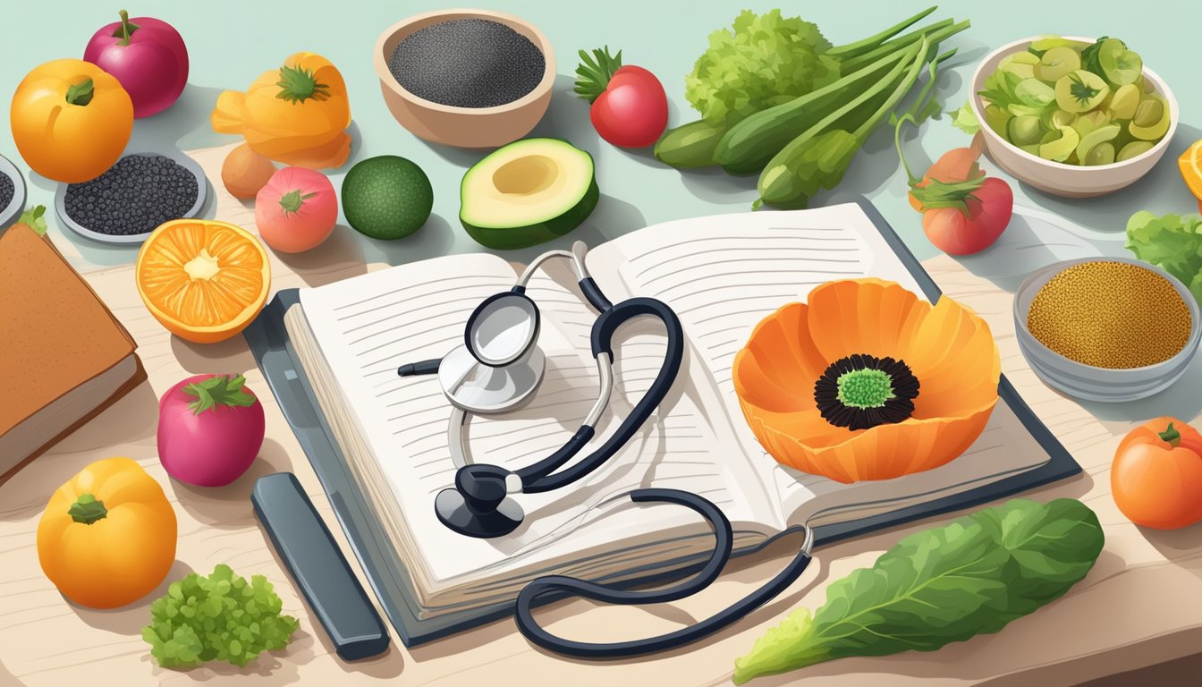 A table with a variety of poppy seeds, surrounded by colorful fruits and vegetables, with a doctor's stethoscope resting on a book about nutrition