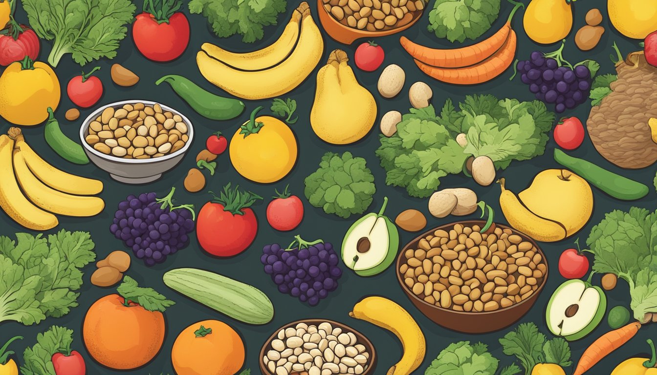 A bowl of raw peanuts surrounded by a variety of fruits and vegetables, with a question mark hovering above them