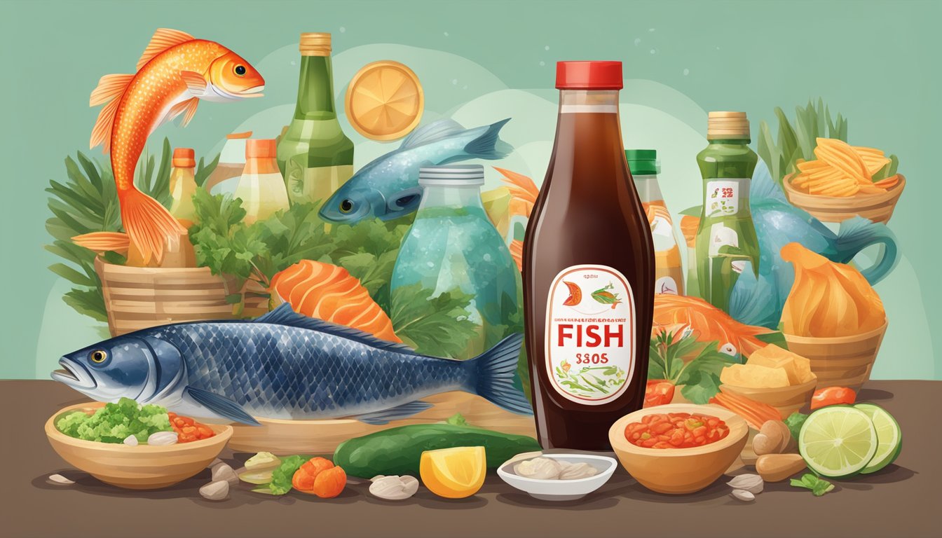 A bottle of fish sauce with an expiration date visible on the label, surrounded by various food items