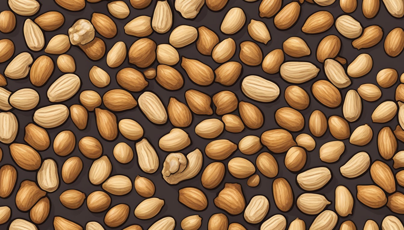 A pile of raw peanuts surrounded by other nuts, with a question mark hovering above the peanuts