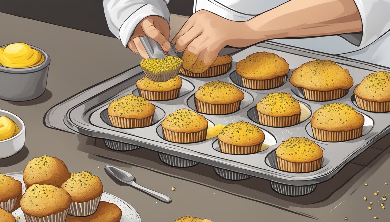 A chef sprinkles poppy seeds onto a freshly baked lemon poppy seed muffin, adding a final touch to the golden-brown top