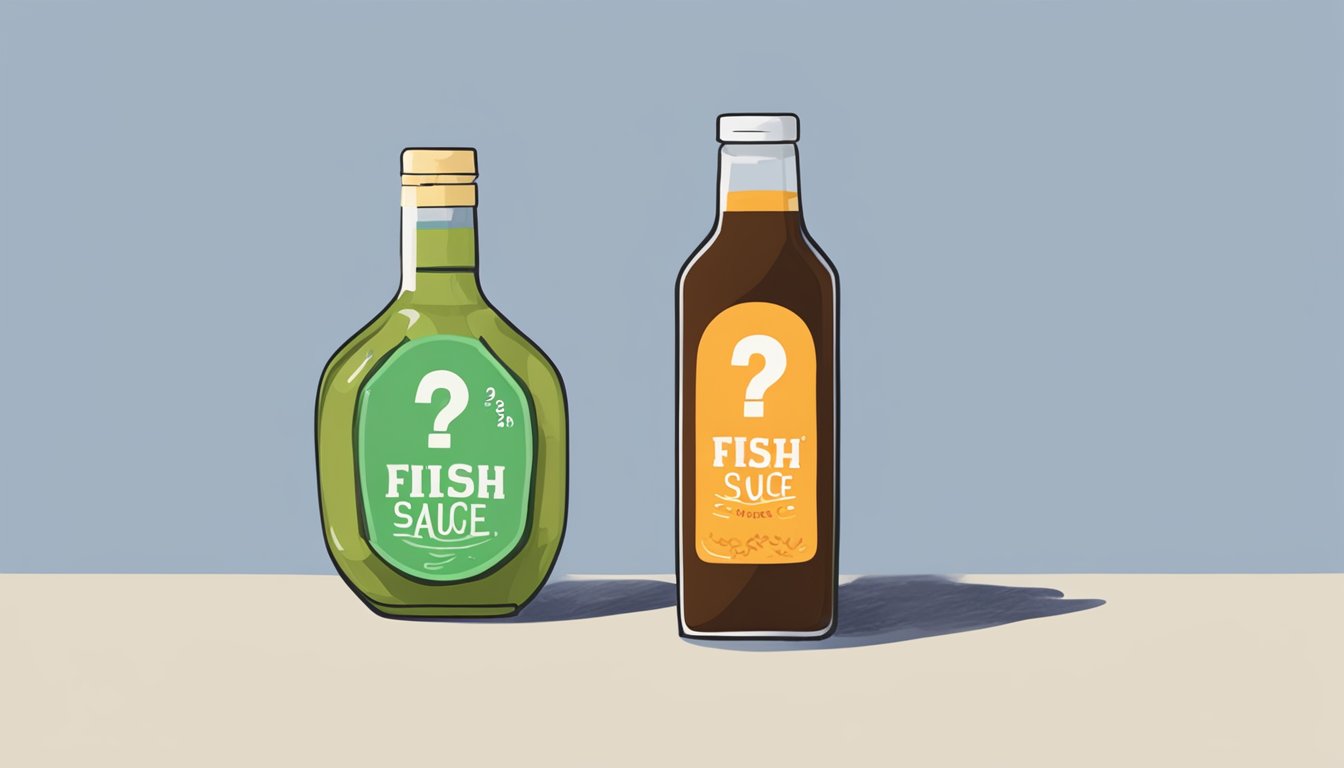 A bottle of expired fish sauce next to a fresh bottle, with a question mark above it