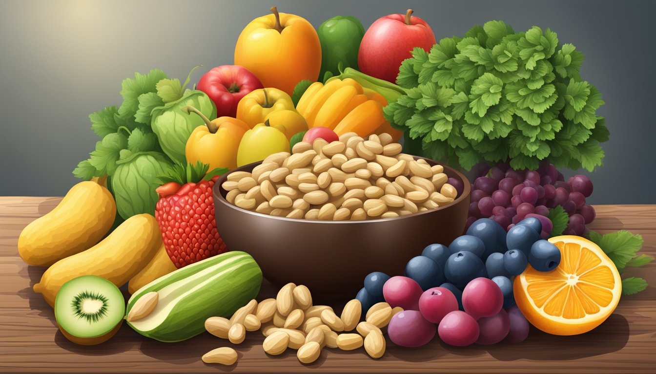 A bowl of raw peanuts surrounded by a variety of fresh fruits and vegetables, set on a wooden table with a glass of water