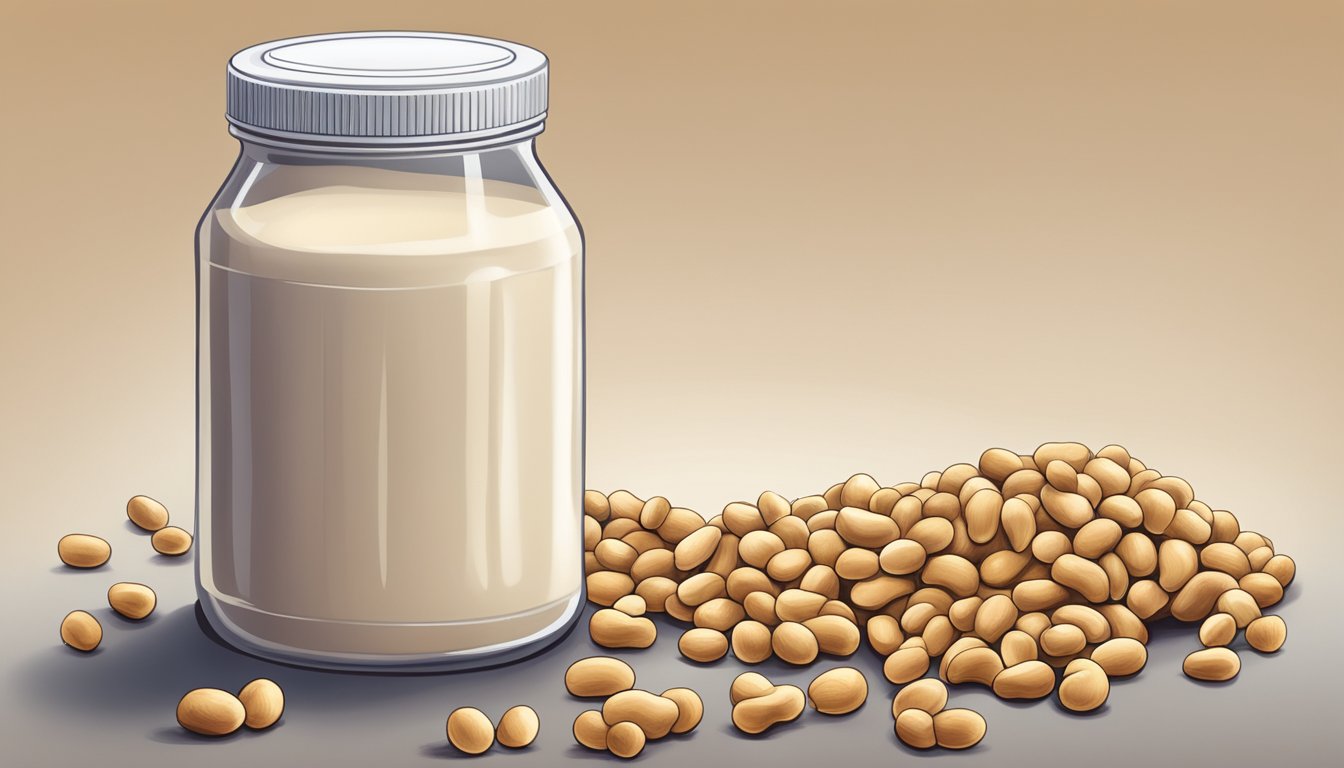 A pile of raw peanuts sits on a dirty, unclean surface next to a container of spoiled milk