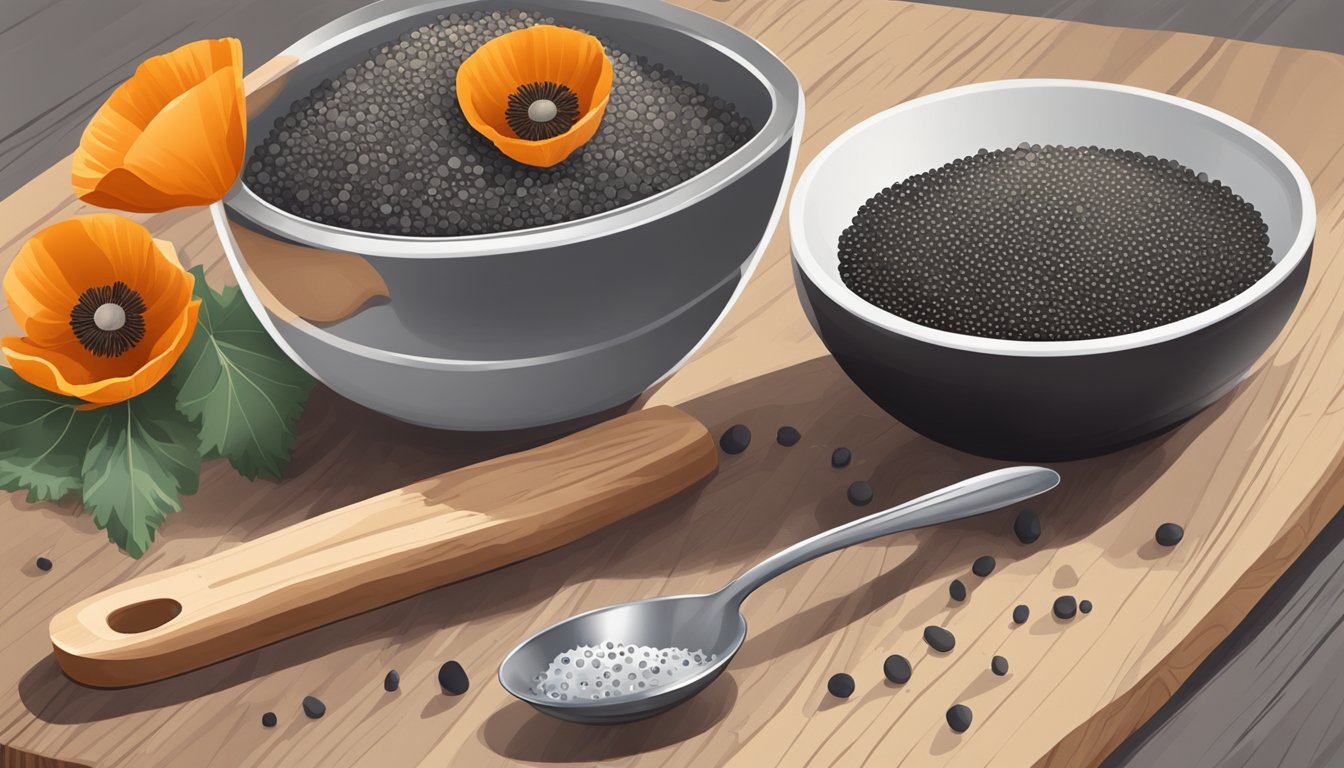 A small pile of poppy seeds sits on a wooden cutting board next to a measuring spoon and a bowl of water