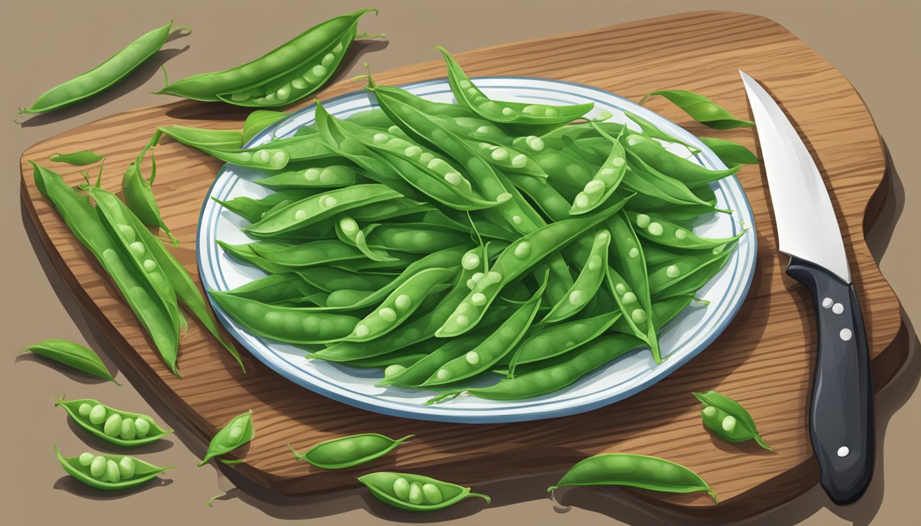 A pile of fresh, crisp snow peas arranged on a wooden cutting board, with a knife and a bowl of water nearby