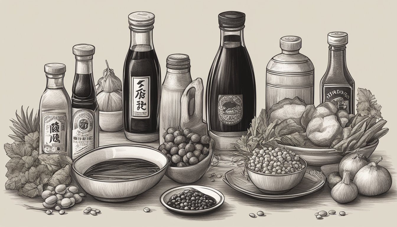 A bottle of soy sauce with a "best by" date passed, surrounded by various food items