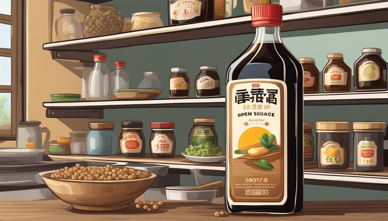 An open bottle of soy sauce with a faded expiration date on the label, surrounded by various food items and condiments on a kitchen shelf