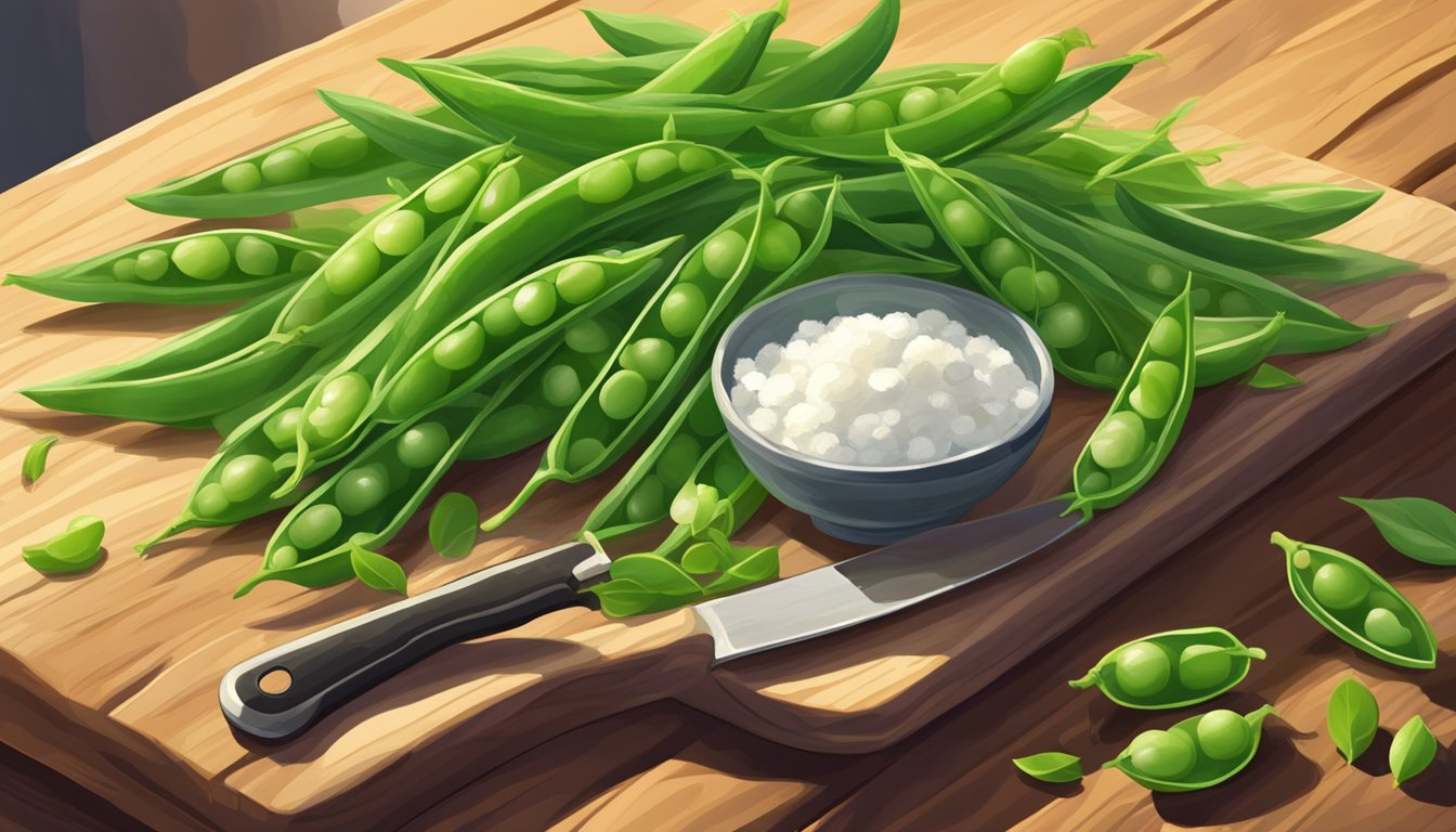 A pile of fresh snow peas arranged on a wooden cutting board with a knife beside them. Sunlight streams through a nearby window, casting a soft glow on the vibrant green pods