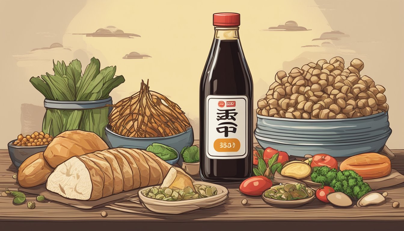 A bottle of soy sauce with an expiration date on the label, surrounded by various food items and a question mark above it