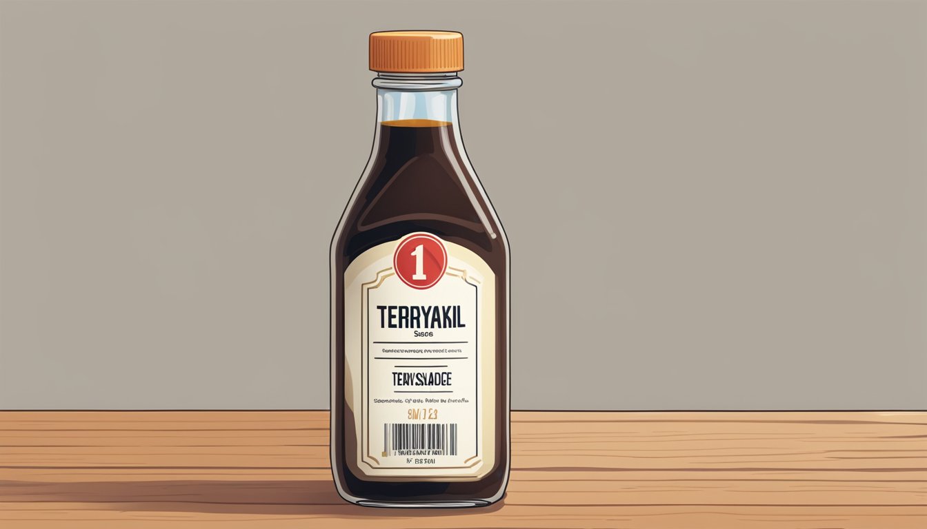 A bottle of teriyaki sauce sits on a kitchen counter, with a label showing the expiration date. A question mark hovers above the bottle