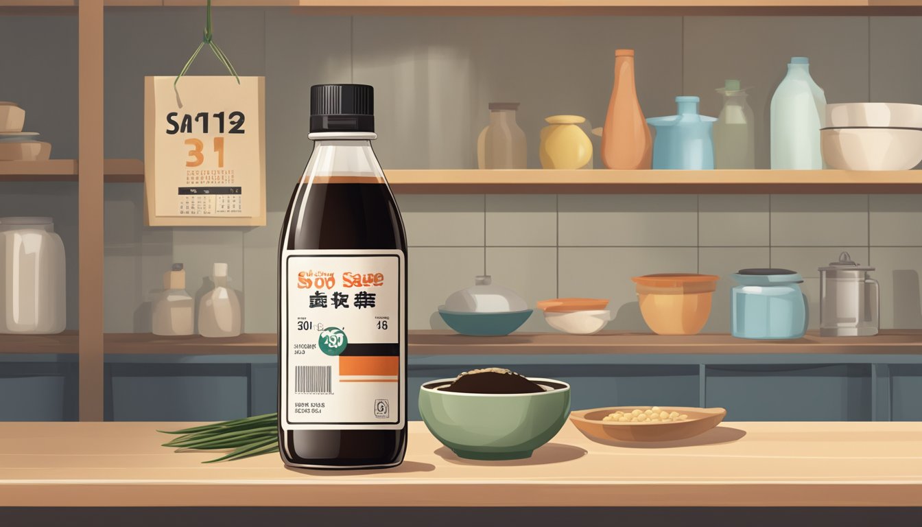 A bottle of soy sauce with a faded label sits on a kitchen shelf next to a calendar showing the expiration date crossed out. A few drops of the sauce have leaked onto the shelf