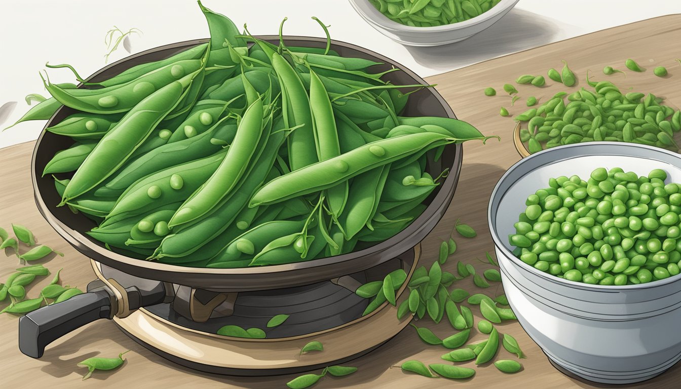 A pile of fresh, crisp snow peas sits next to a steaming pot of cooked snow peas, contrasting the raw and cooked versions