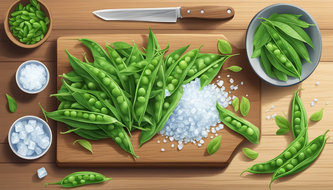 A pile of fresh snow peas on a cutting board, surrounded by a chef's knife and a bowl of ice water