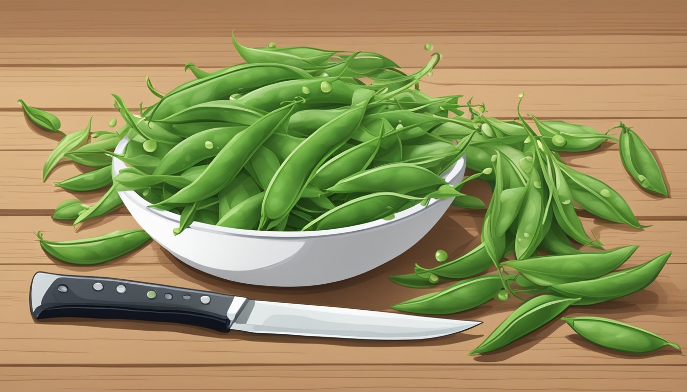 A pile of fresh snow peas on a cutting board, with a knife and a bowl of water nearby