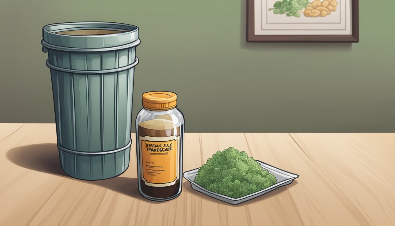 A bottle of expired teriyaki sauce with mold growing inside, sitting next to a trash can