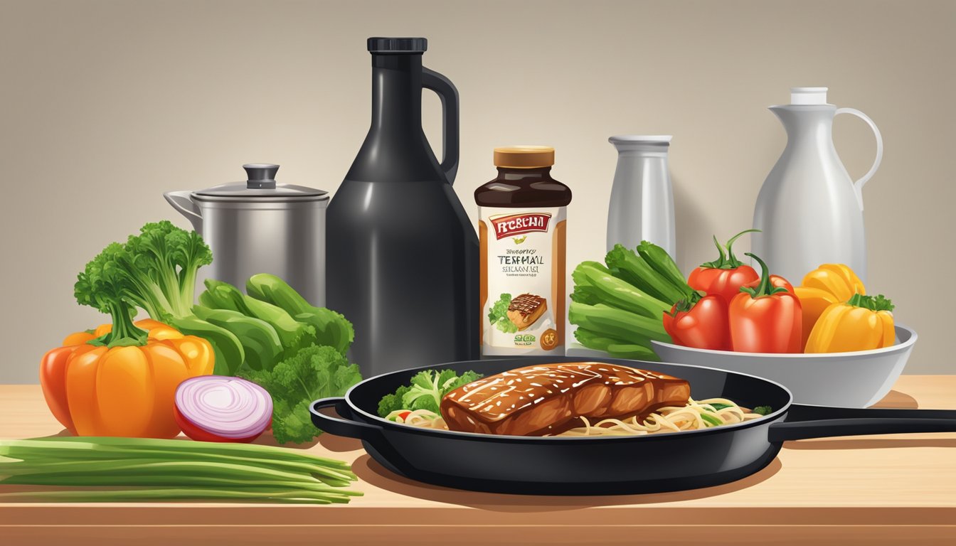 A bottle of teriyaki sauce sits on a kitchen counter, surrounded by fresh vegetables and a sizzling pan on the stove