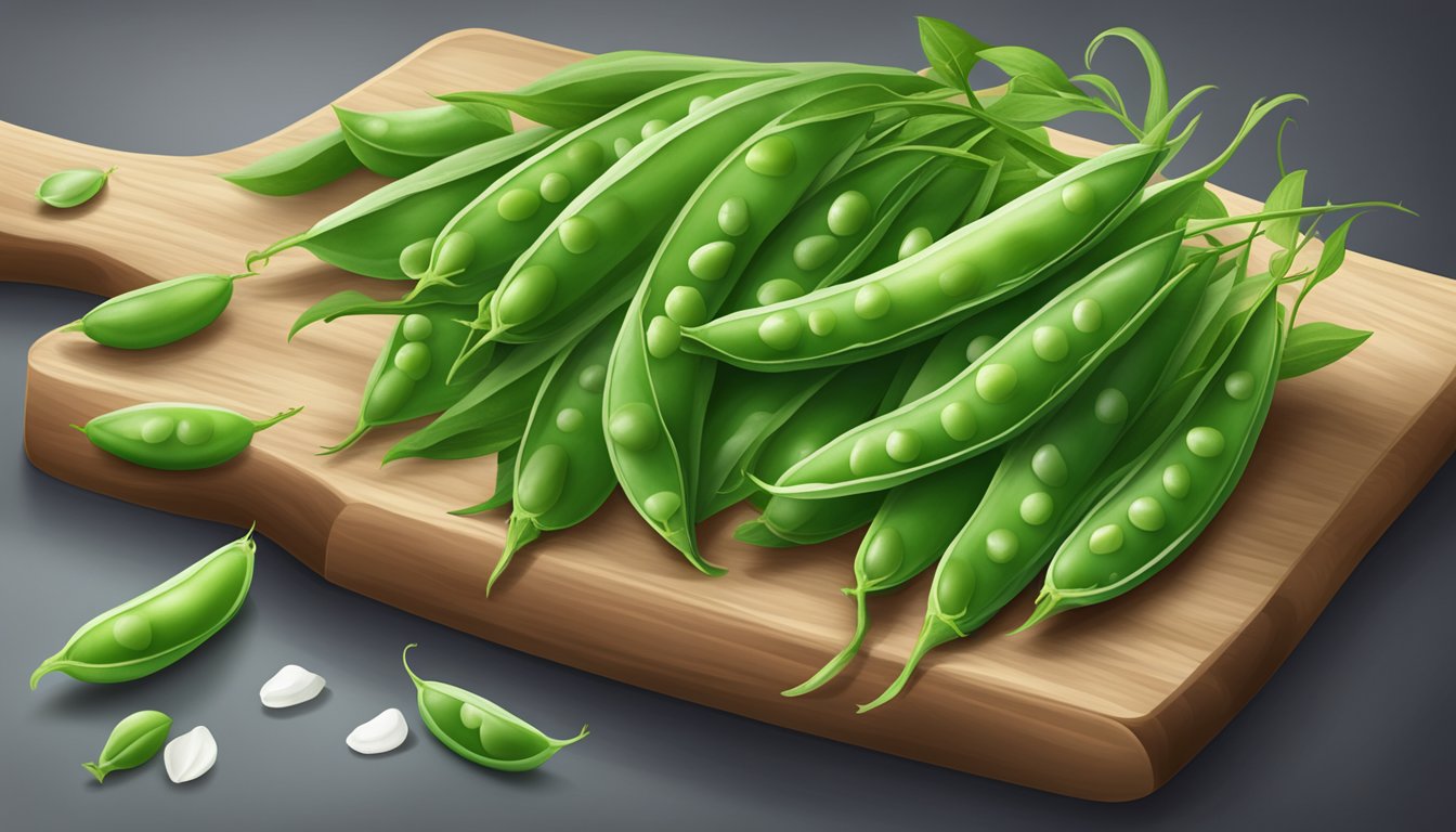 A pile of fresh, crisp snow peas arranged on a clean cutting board