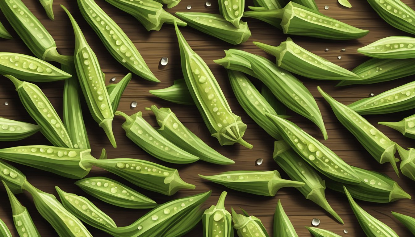 A pile of fresh okra pods on a wooden cutting board, with a knife beside them and a few drops of water scattered around