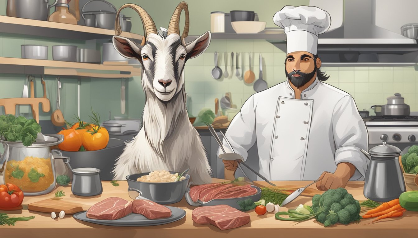 A goat standing in a kitchen with a chef's knife and a meat thermometer, surrounded by various cooking utensils and ingredients